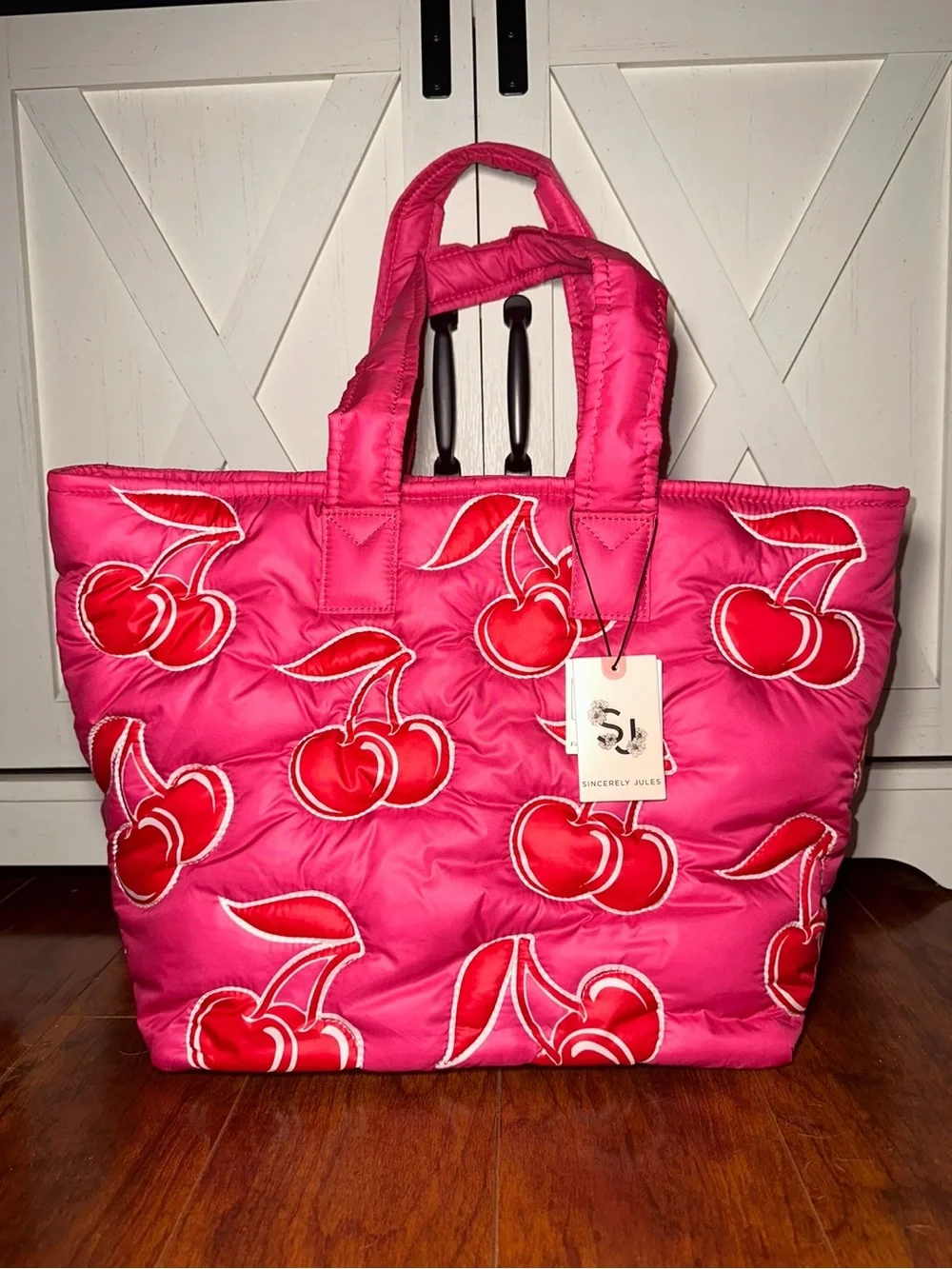 Sincerly Jules Pink Cherry Quilted Tote Bag